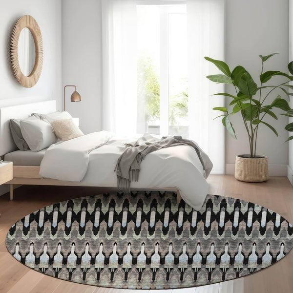 HomeRoots 8' Southwestern Round Rug in Black, Gray & Blue - Washable, UV-Protected, Durable for High-Traffic Areas 668214