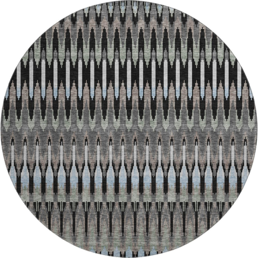 HomeRoots 8' Southwestern Round Rug in Black, Gray & Blue - Washable, UV-Protected, Durable for High-Traffic Areas 668214