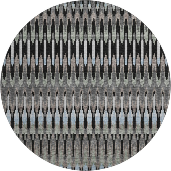 HomeRoots 8' Southwestern Round Rug in Black, Gray & Blue - Washable, UV-Protected, Durable for High-Traffic Areas 668214
