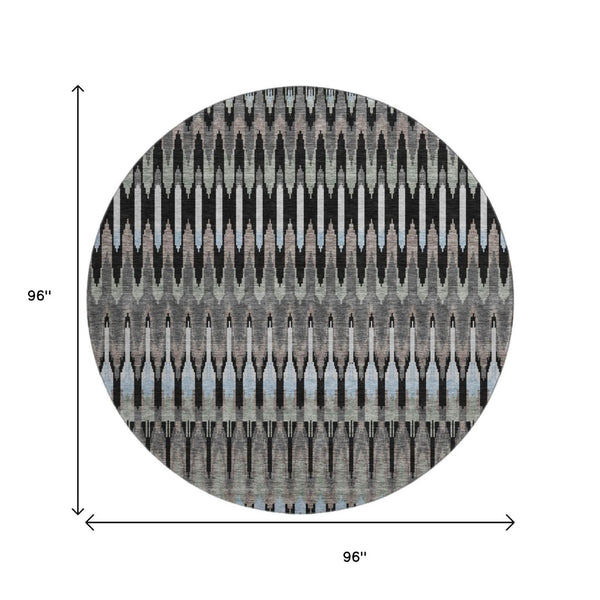HomeRoots 8' Southwestern Round Rug in Black, Gray & Blue - Washable, UV-Protected, Durable for High-Traffic Areas 668214