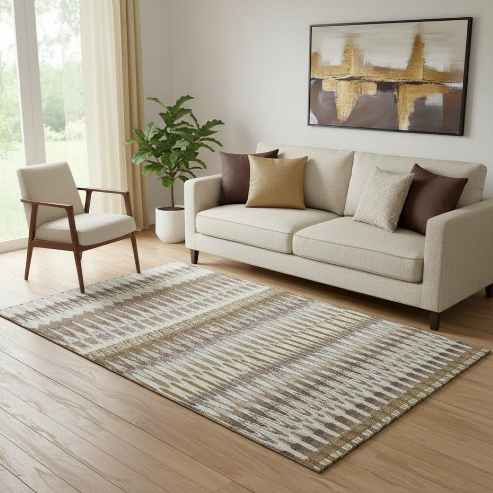 HomeRoots 5' Southwestern Washable Area Rug in Brown, Ivory & Beige - UV Protected, Stain-Resistant Design 668219