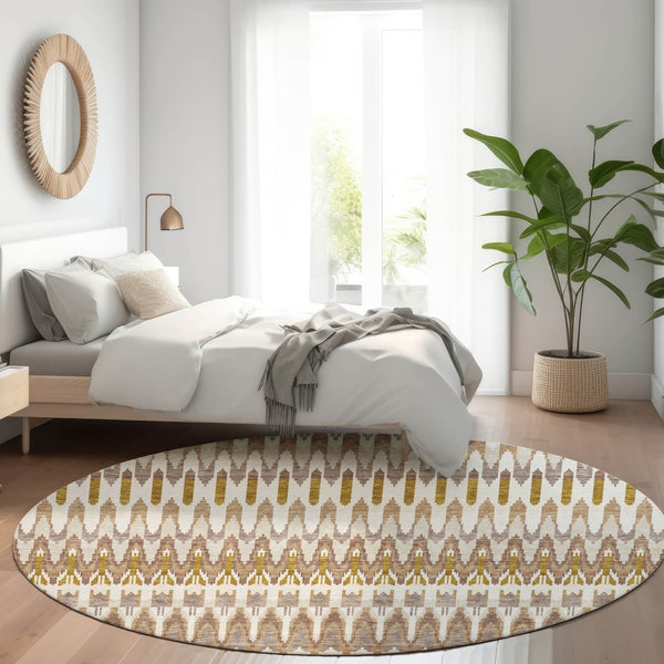 HomeRoots 8' Southwestern Round Area Rug in Brown, Ivory & Beige – Durable, Washable, UV Protected Design 668220