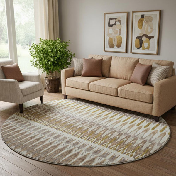 HomeRoots 8' Southwestern Round Area Rug in Brown, Ivory & Beige – Durable, Washable, UV Protected Design 668220