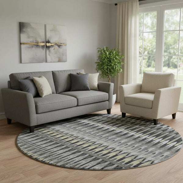 HomeRoots 8' Southwestern Round Rug - Charcoal Beige & Gray, Washable, UV-Protected, Durable for High-Traffic Homes 668226