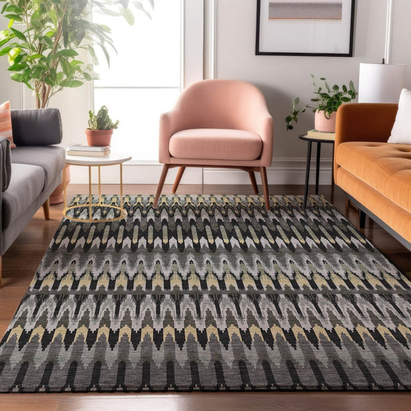 HomeRoots 9' X 12' Southwestern Washable Area Rug in Charcoal Beige & Gray - Durable, Stain Resistant & UV Protected 668228