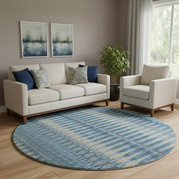 HomeRoots 8' Denim Blue and Gray Southwestern Washable Round Rug - Durable, Stylish, Easy-Care with UV Protection 668232