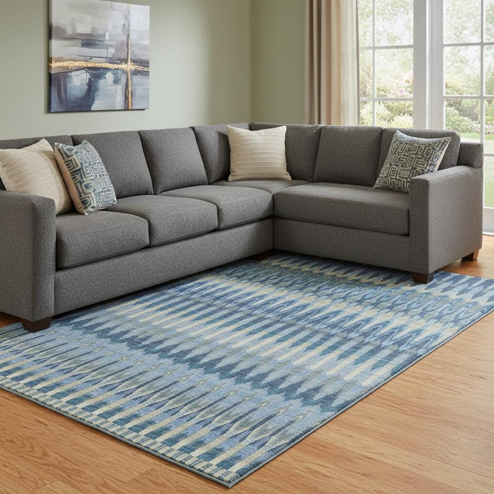 HomeRoots 9' X 12' Denim Blue & Gray Southwestern Area Rug - Washable, UV Protected, Stain Resistant & Family-Friendly 668234
