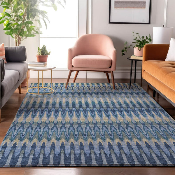 HomeRoots 10' X 14' Denim Blue & Gray Southwestern Area Rug - Washable, UV-Protected, Stain-Resistant Design 668235