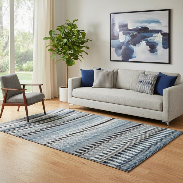 HomeRoots 5' X 8' Southwestern Area Rug in Gray, Blue & Black – Durable, Washable, UV Protected for Homes 668243