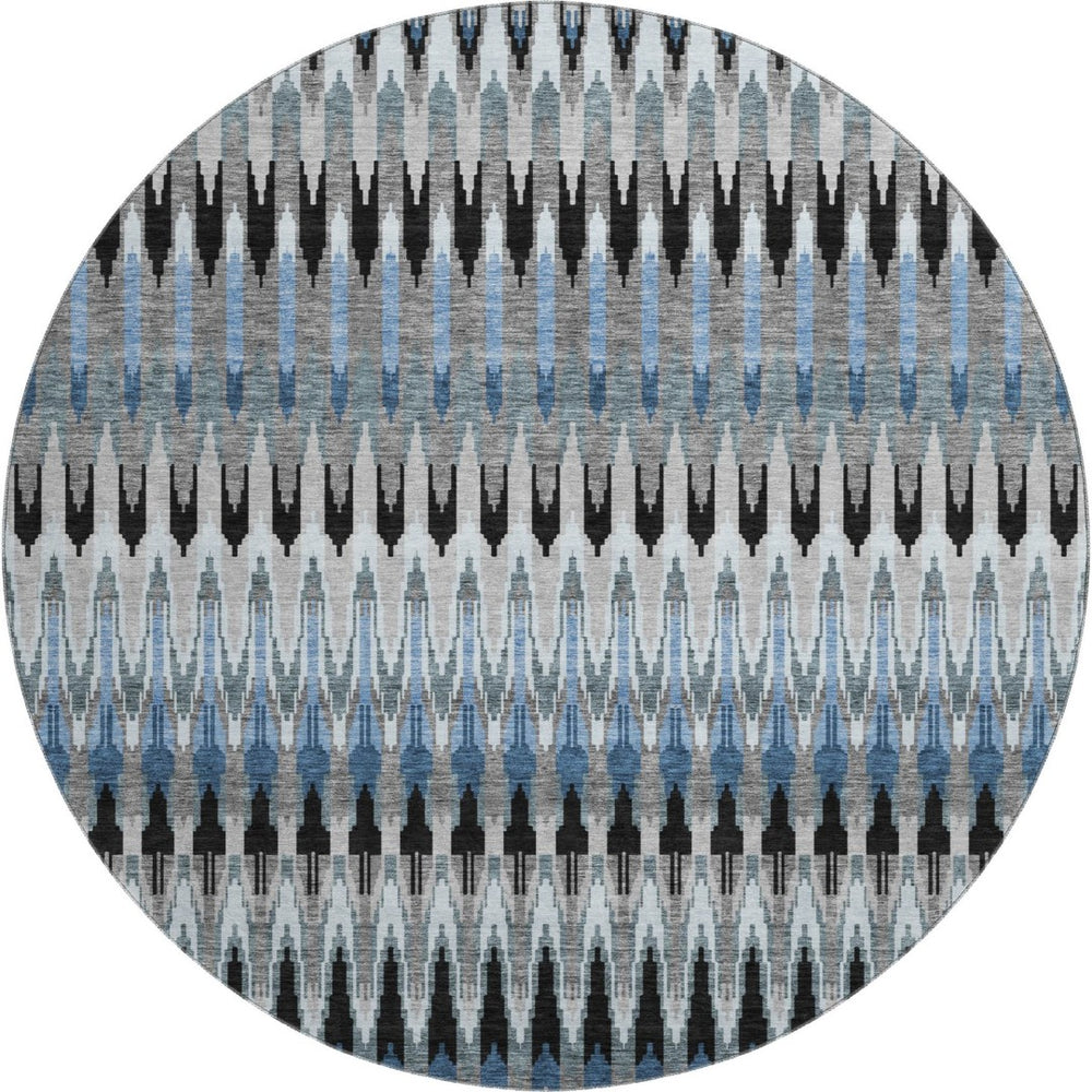 HomeRoots 8' Southwestern Washable Round Rug in Gray, Blue & Black – UV Protected, Stain Resistant, Durable Design 668244