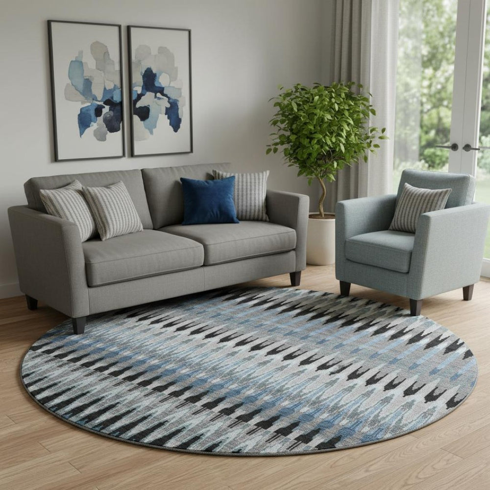 HomeRoots 8' Southwestern Washable Round Rug in Gray, Blue & Black – UV Protected, Stain Resistant, Durable Design 668244
