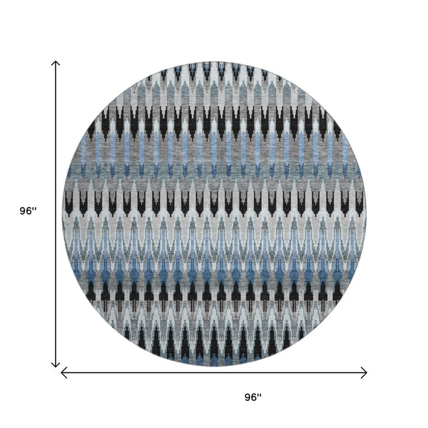 HomeRoots 8' Southwestern Washable Round Rug in Gray, Blue & Black – UV Protected, Stain Resistant, Durable Design 668244