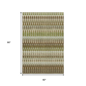 HomeRoots 5' X 8' Southwestern Area Rug in Green, Brown & Silver - Washable, UV-Protected, Stain-Resistant Design 668249