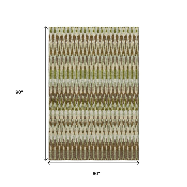 HomeRoots 5' X 8' Southwestern Area Rug in Green, Brown & Silver - Washable, UV-Protected, Stain-Resistant Design 668249