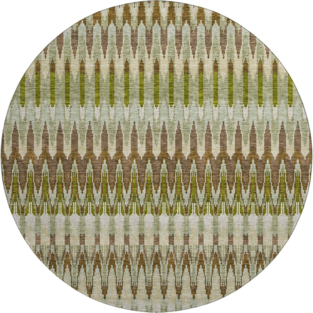 HomeRoots 8' Southwestern Washable Round Rug in Earthy Green, Brown & Silver - UV Protection for Durability 668250