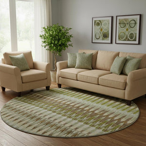 HomeRoots 8' Southwestern Washable Round Rug in Earthy Green, Brown & Silver - UV Protection for Durability 668250