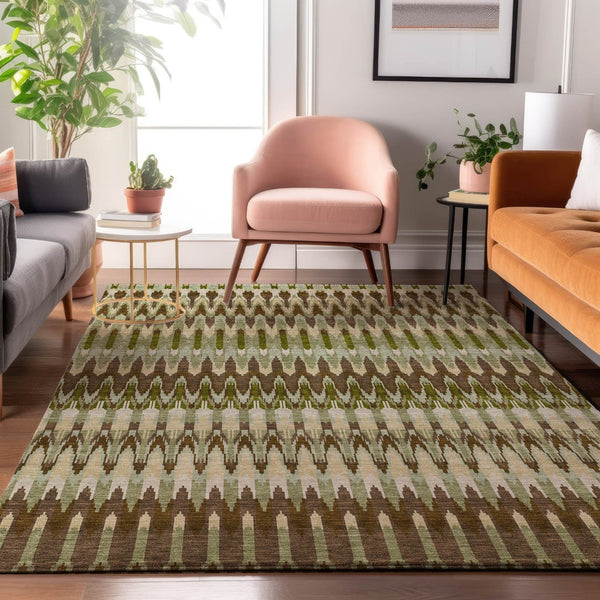 HomeRoots 8' X 10' Southwestern Washable Area Rug - Earthy Green, Brown & Silver, UV Protected & Durable Design 668251