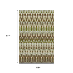 HomeRoots 9' X 12' Southwestern Area Rug in Green, Brown & Silver – Washable, UV-Protected, and Stylish! 668252