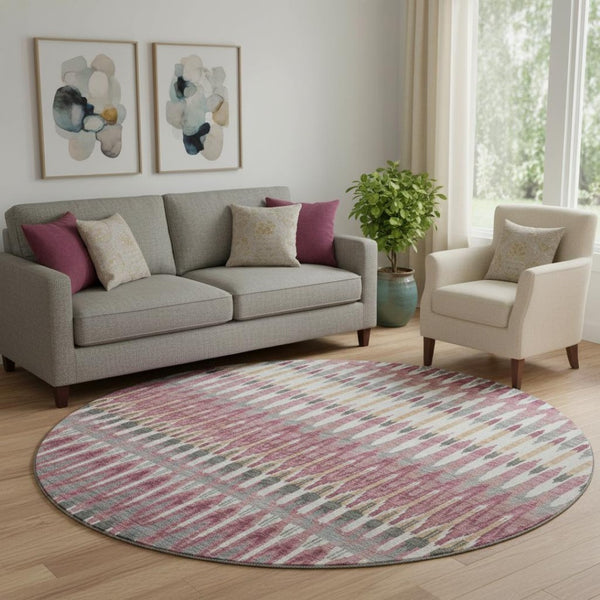 HomeRoots 8' Mauve Blush & Ivory Southwestern Round Rug – UV Protected, Washable, Stylish & Durable Design 668262