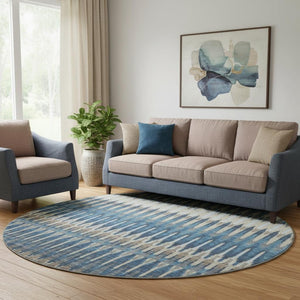 HomeRoots 8' Stylish Southwestern Round Rug in Navy Blue, Ivory & Gray – Washable, UV-Protected & Non-Slip 668268