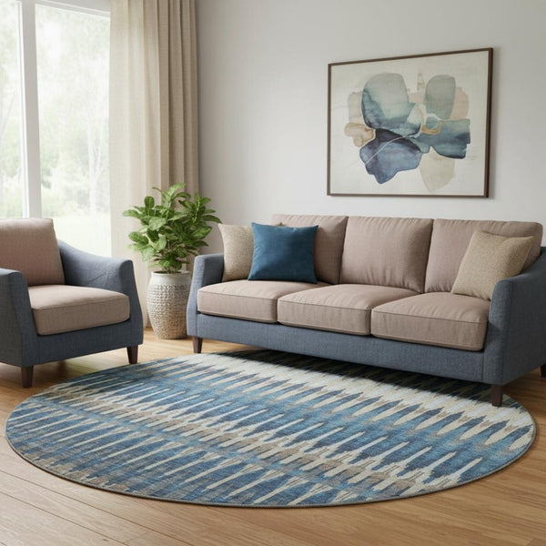 HomeRoots 8' Stylish Southwestern Round Rug in Navy Blue, Ivory & Gray – Washable, UV-Protected & Non-Slip 668268