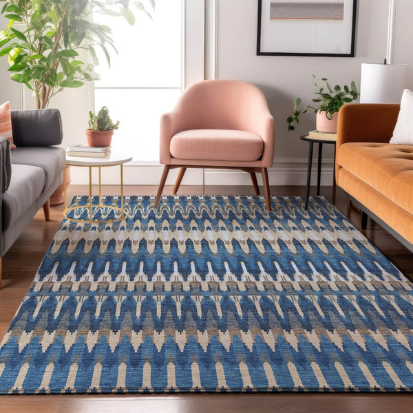HomeRoots 9' Southwestern Area Rug in Navy Blue, Ivory & Gray – Washable, Durable, UV-Protected Design for Homes 668270
