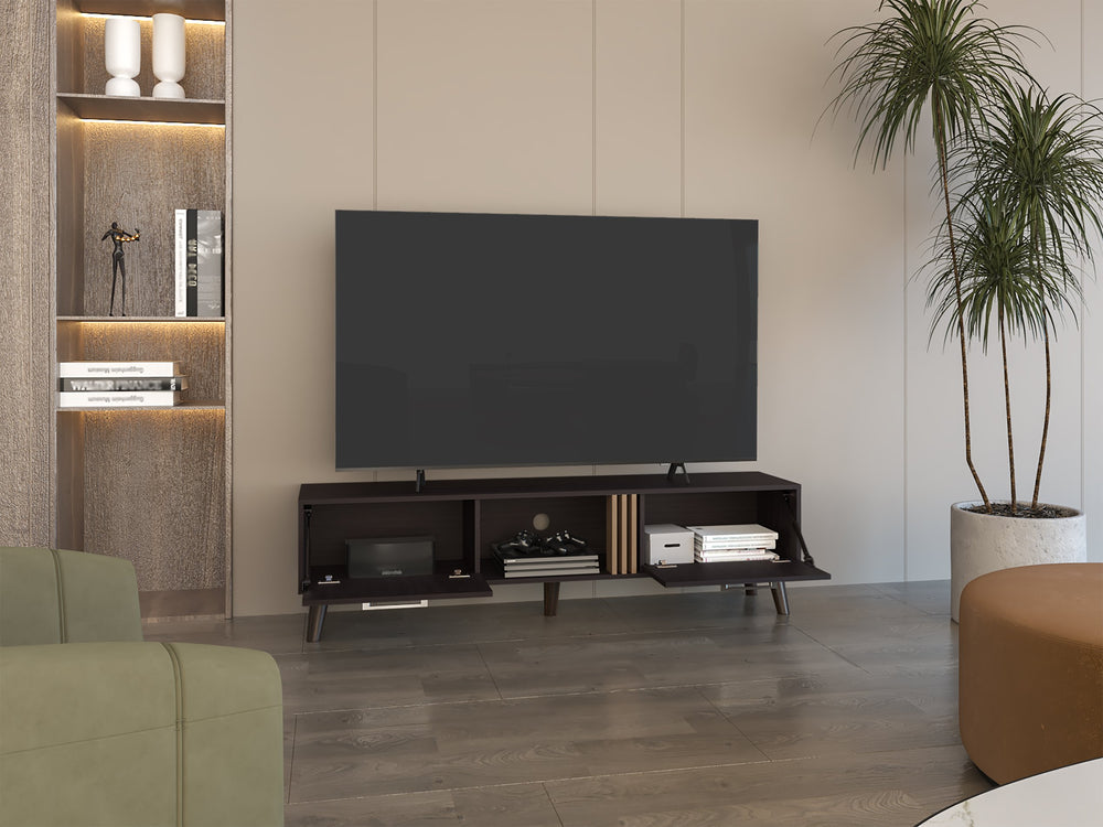 English Elm Vance 63" Wide TV Stand with Cable Management, 2 Pull-Down Cabinets & 2 Shelves, Modern Black Wengue Oak Finish B200P253744