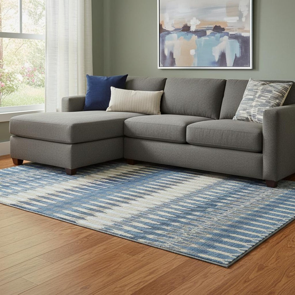 HomeRoots 10' X 14' Stylish Navy Blue Ivory Gray Southwestern Area Rug with Stain Resistance & UV Protection 668271