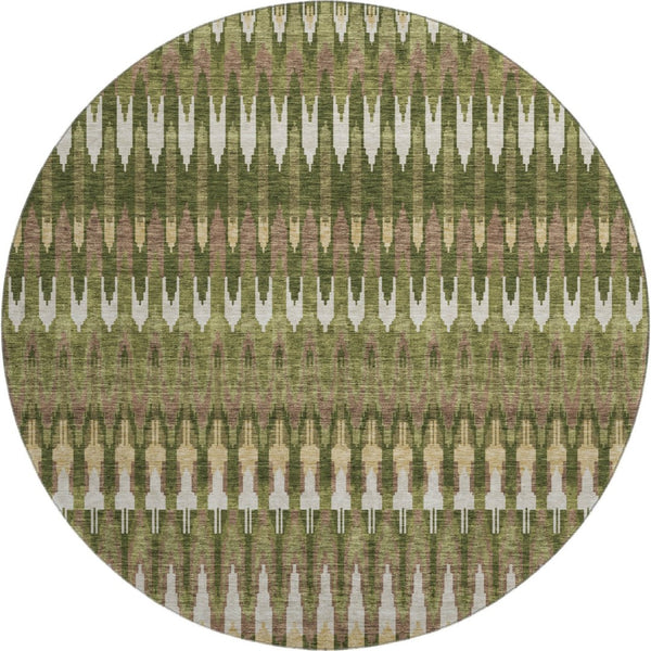 HomeRoots 8' Southwestern Round Rug in Olive Green, Ivory & Brown - Durable, Washable, UV Protected Design 668274