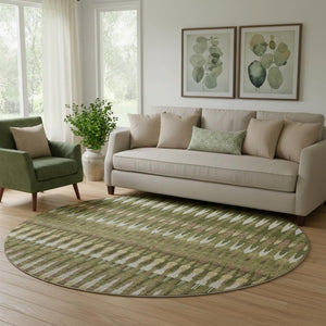 HomeRoots 8' Southwestern Round Rug in Olive Green, Ivory & Brown - Durable, Washable, UV Protected Design 668274