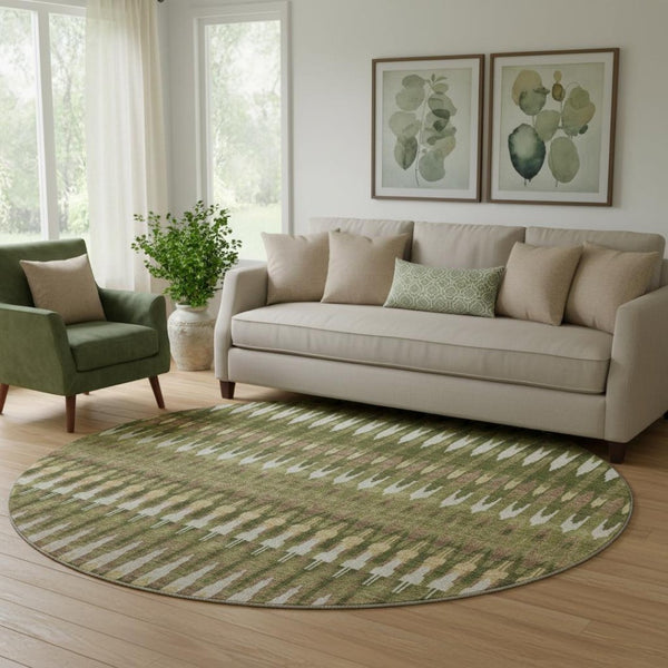HomeRoots 8' Southwestern Round Rug in Olive Green, Ivory & Brown - Durable, Washable, UV Protected Design 668274