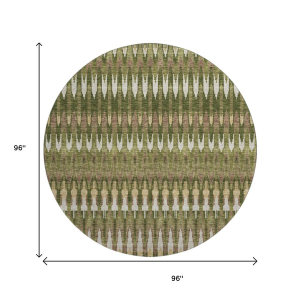 HomeRoots 8' Southwestern Round Rug in Olive Green, Ivory & Brown - Durable, Washable, UV Protected Design 668274