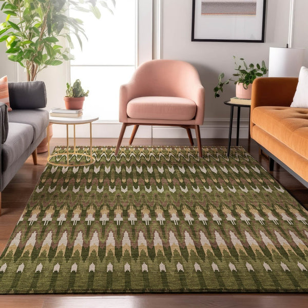 HomeRoots 9' X 12' Olive Green Ivory Brown Southwestern Area Rug - Washable, UV Protected, Stain Resistant Charm 668276