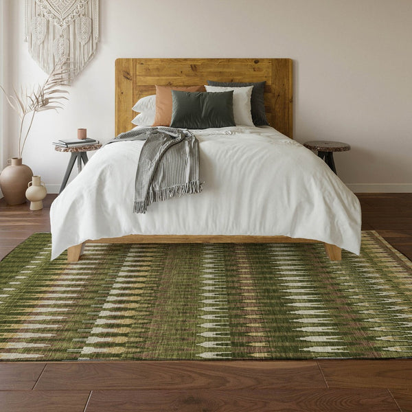 HomeRoots 9' X 12' Olive Green Ivory Brown Southwestern Area Rug - Washable, UV Protected, Stain Resistant Charm 668276