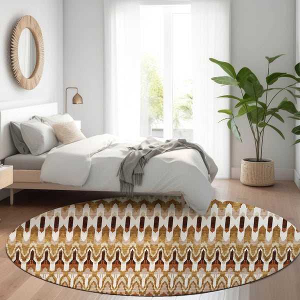 HomeRoots 8' Southwestern Round Area Rug in Terra Cotta, Ivory & Beige - Washable, Stain Resistant, UV Safe! 668292