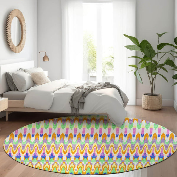 HomeRoots 8' Southwestern Area Rug in White, Green & Purple – Washable, UV-Protected, Durable for Busy Homes 668298