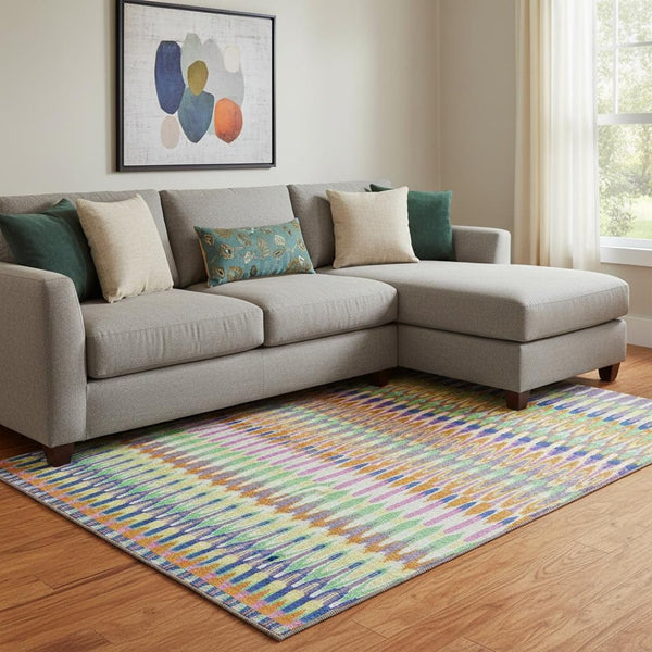 HomeRoots 8' Southwestern Washable Area Rug in White, Green & Purple - UV Protected, Stain Resistant Beauty! 668299