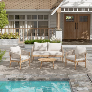 English Elm Christopher Knight Home® - Verona Acacia Wood Outdoor Chat Set with Plush Cushions, Hand-Braided Rope Accents, Weatherproof Finish Beige,Light Brown,Natural VERONA4CTBRN