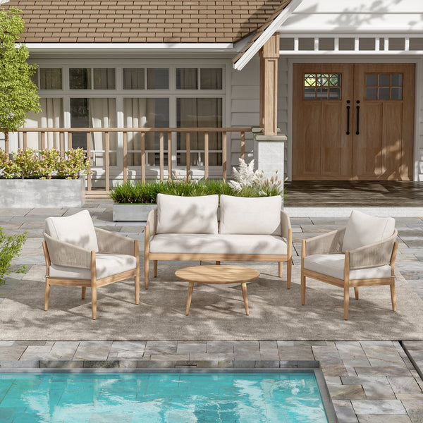 English Elm Christopher Knight Home® - Verona Acacia Wood Outdoor Chat Set with Plush Cushions, Hand-Braided Rope Accents, Weatherproof Finish Beige,Light Brown,Natural VERONA4CTBRN