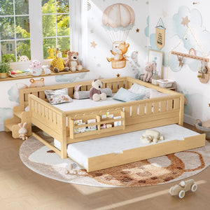 English Elm Queen Bunk Bed with Trundle Solid Pine Kids Car Themed Frame Built-in Bookshelf Light Natural W1580S00563