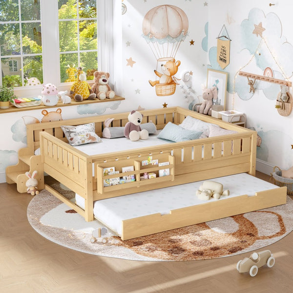 English Elm Queen Bunk Bed with Trundle Solid Pine Kids Car Themed Frame Built-in Bookshelf Light Natural W1580S00563