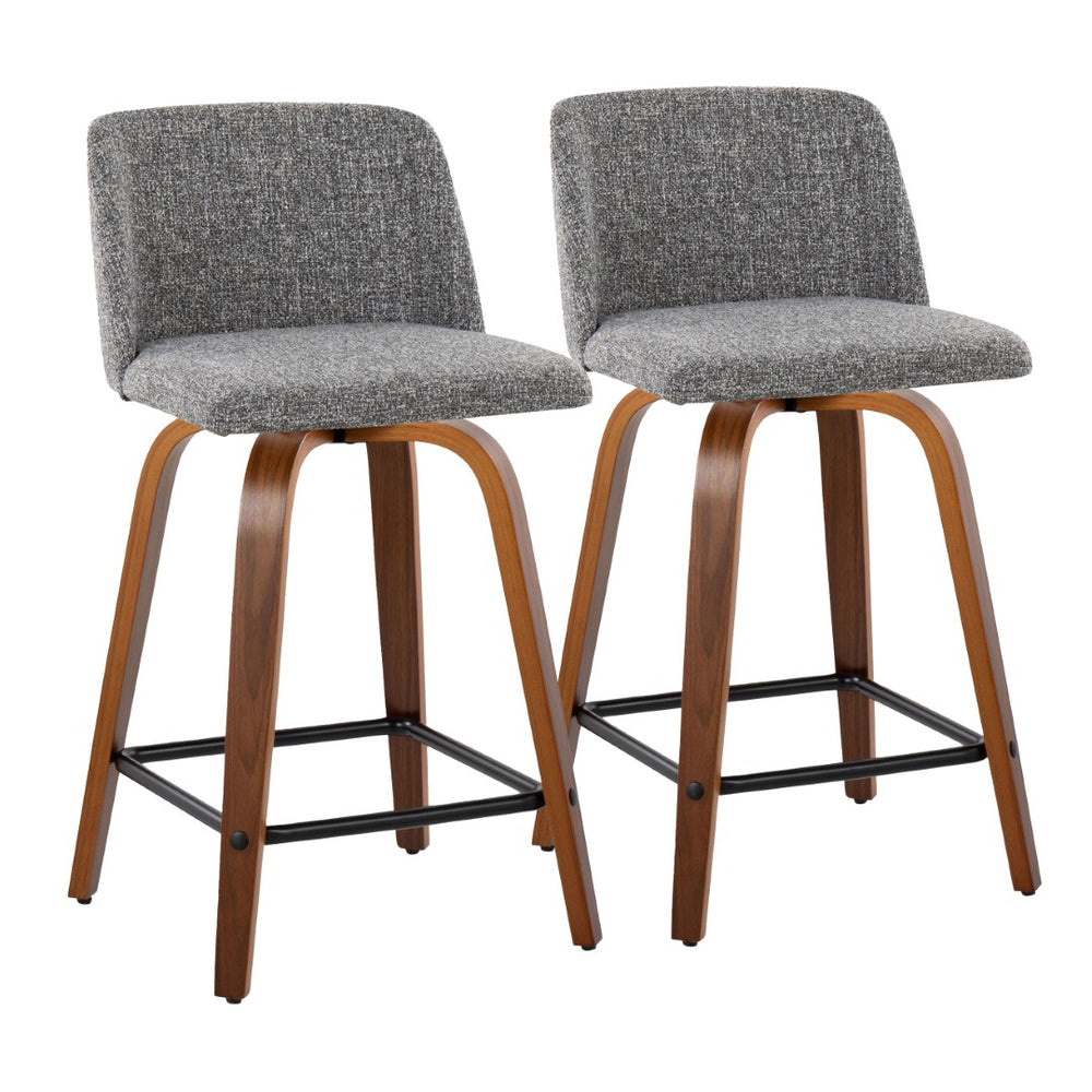 English Elm Toriano 24" Set Of 2 Mid-Century Modern Swivel Counter Stools In Walnut Wood & Grey Fabric Comfort B202S00122-GIGA