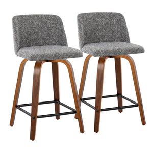 English Elm Toriano 24" Set Of 2 Mid-Century Modern Swivel Counter Stools In Walnut Wood & Grey Fabric Comfort B202S00122-GIGA