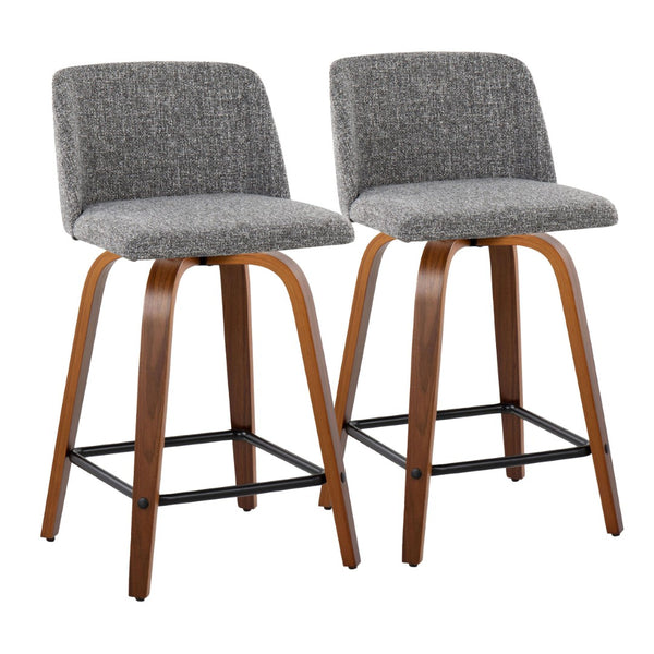 English Elm Toriano 24" Set Of 2 Mid-Century Modern Swivel Counter Stools In Walnut Wood & Grey Fabric Comfort B202S00122-GIGA
