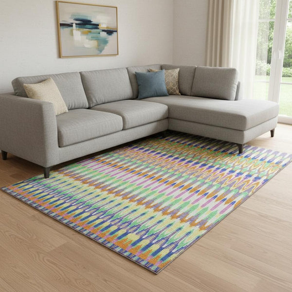 HomeRoots 9' X 12' Southwestern Washable Area Rug in White, Green & Purple - UV Protected, Durable & Stylish 668300