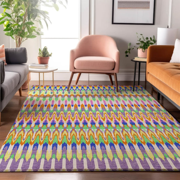 HomeRoots 10' Southwestern Washable Area Rug in White, Green & Purple - UV Protected, Durable & Stylish Design 668301