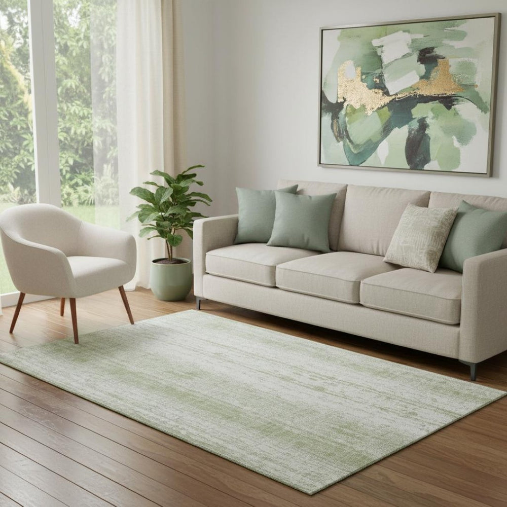 HomeRoots 5' Artichoke Green and Ivory Striped Washable Area Rug - Durable, UV-Protected for High-Traffic Spaces 668303