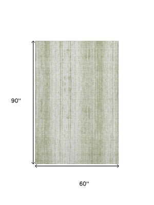 HomeRoots 5' Artichoke Green and Ivory Striped Washable Area Rug - Durable, UV-Protected for High-Traffic Spaces 668303