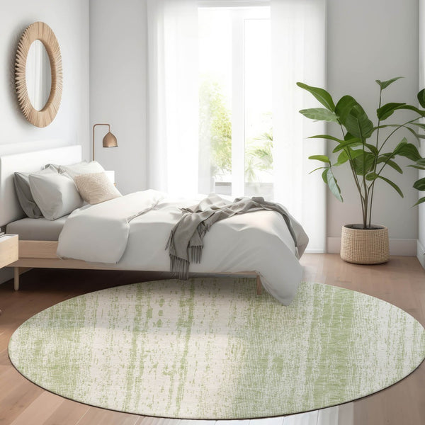 HomeRoots 8' Artichoke Green & Ivory Striped Washable Round Rug with UV Protection for Busy Homes & Style 668304