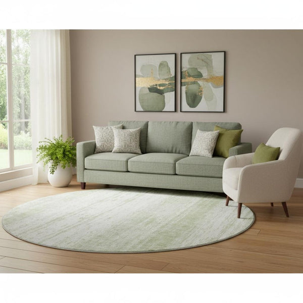 HomeRoots 8' Artichoke Green & Ivory Striped Washable Round Rug with UV Protection for Busy Homes & Style 668304